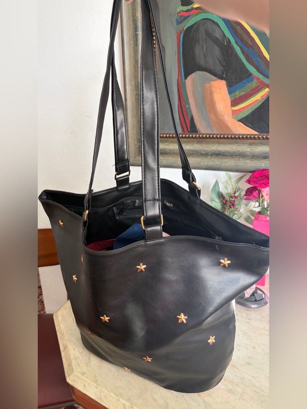 Lancome Black Leather Tote with Gold Star Studs